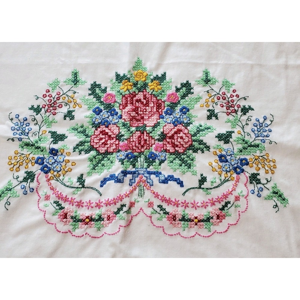 Bouquet‎ Cross Stitch Pillow Cases Completed Set Of 2 Victorian Country Cottage
